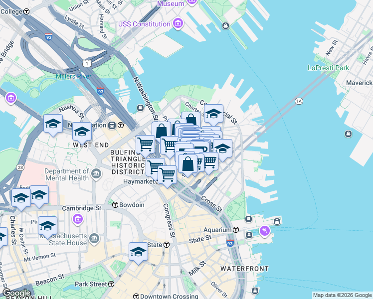 map of restaurants, bars, coffee shops, grocery stores, and more near 21 Cooper Street in Boston