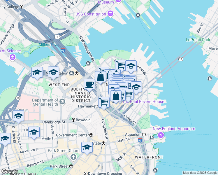 map of restaurants, bars, coffee shops, grocery stores, and more near 21 Cooper Street in Boston