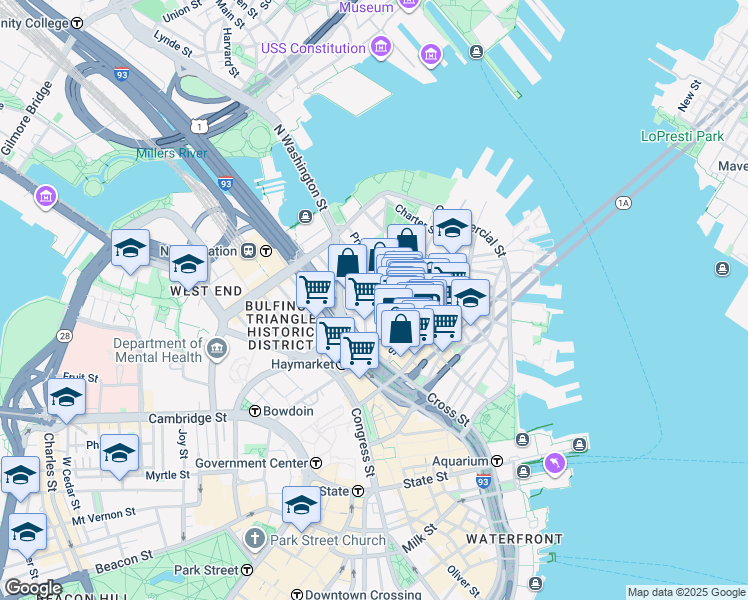 map of restaurants, bars, coffee shops, grocery stores, and more near 21 Cooper Street in Boston