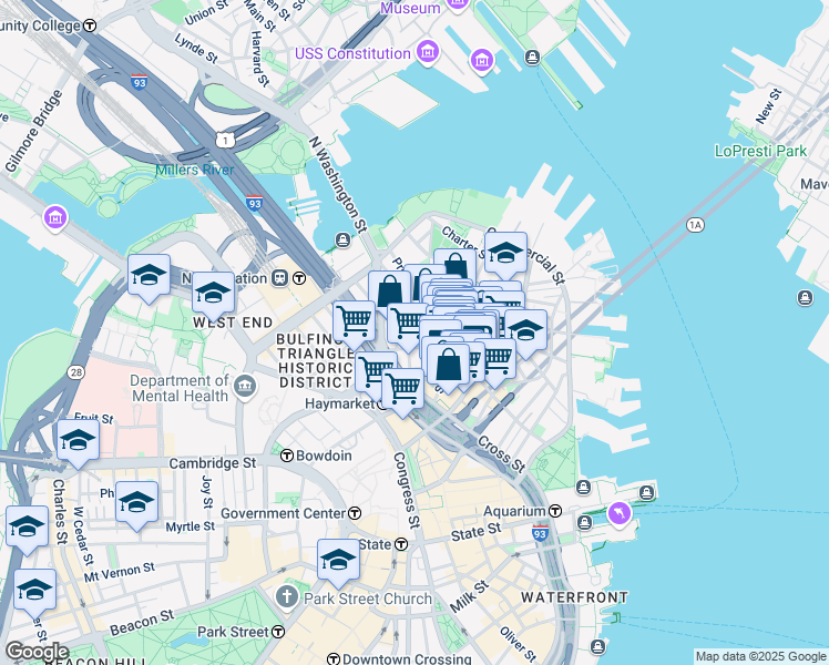 map of restaurants, bars, coffee shops, grocery stores, and more near 21 Cooper Street in Boston