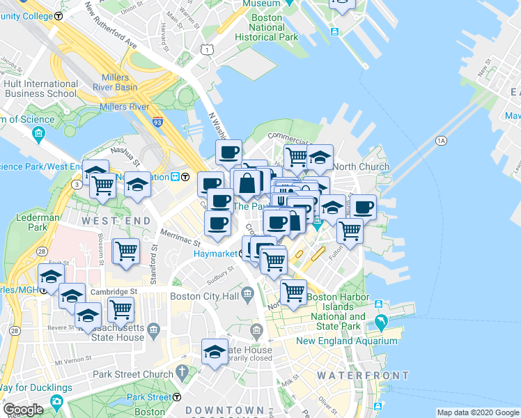 map of restaurants, bars, coffee shops, grocery stores, and more near 21 Cooper Street in Boston