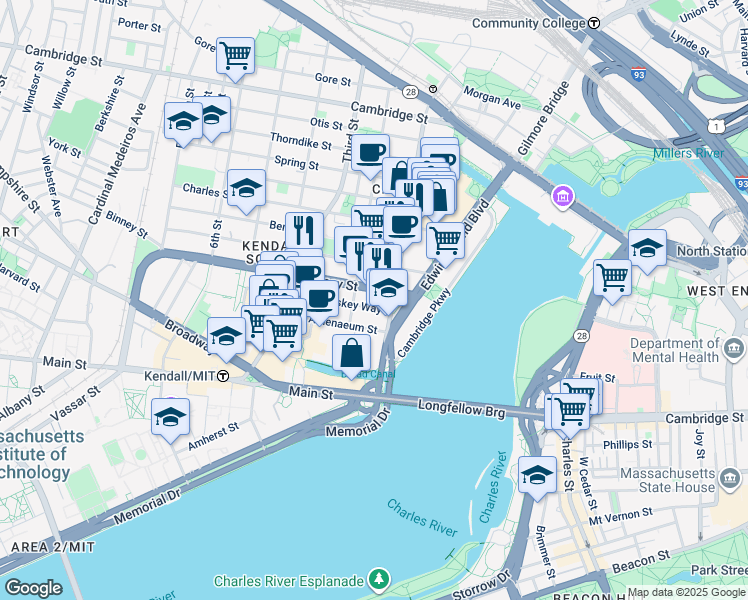 map of restaurants, bars, coffee shops, grocery stores, and more near 215 First Street in Cambridge