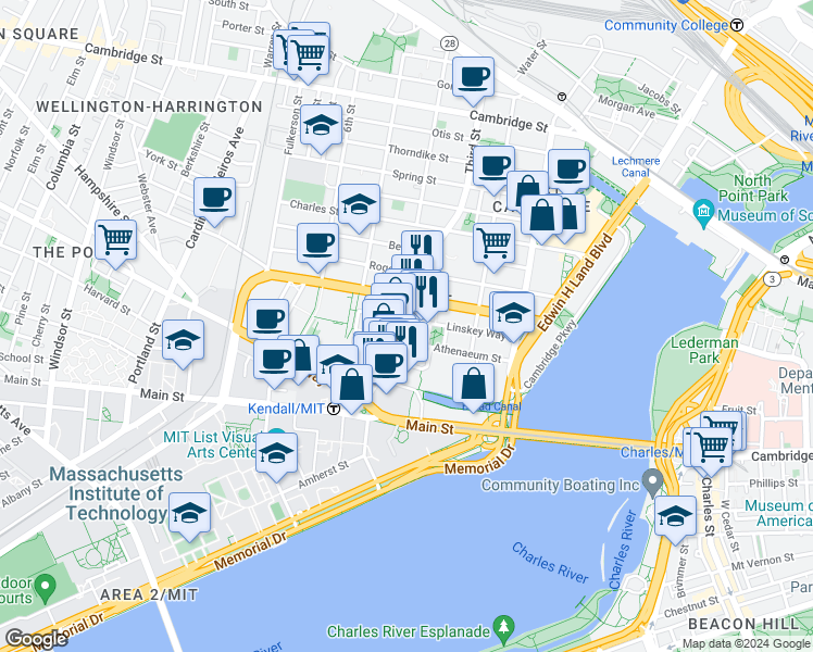 map of restaurants, bars, coffee shops, grocery stores, and more near 625 West Kendall Street in Cambridge