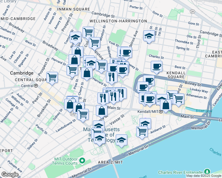 map of restaurants, bars, coffee shops, grocery stores, and more near 549 Technology Square in Cambridge