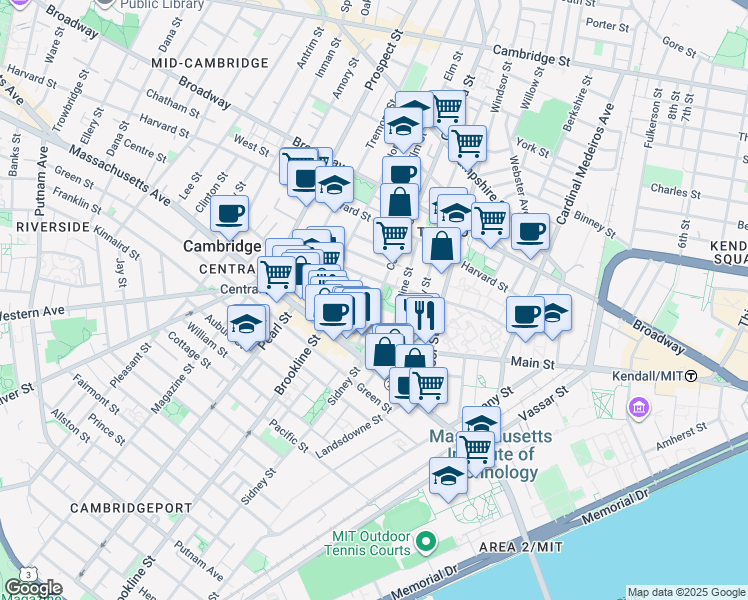map of restaurants, bars, coffee shops, grocery stores, and more near 23 Pine Street in Cambridge