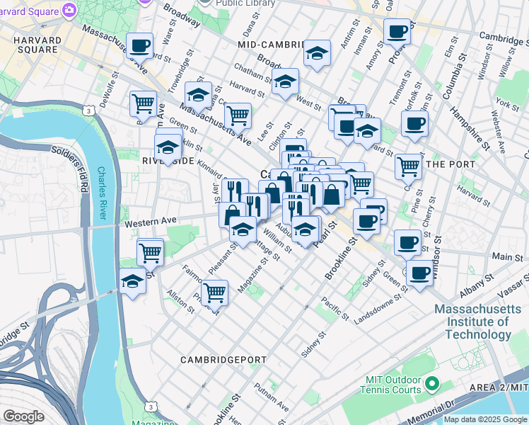 map of restaurants, bars, coffee shops, grocery stores, and more near 75 River Street in Cambridge