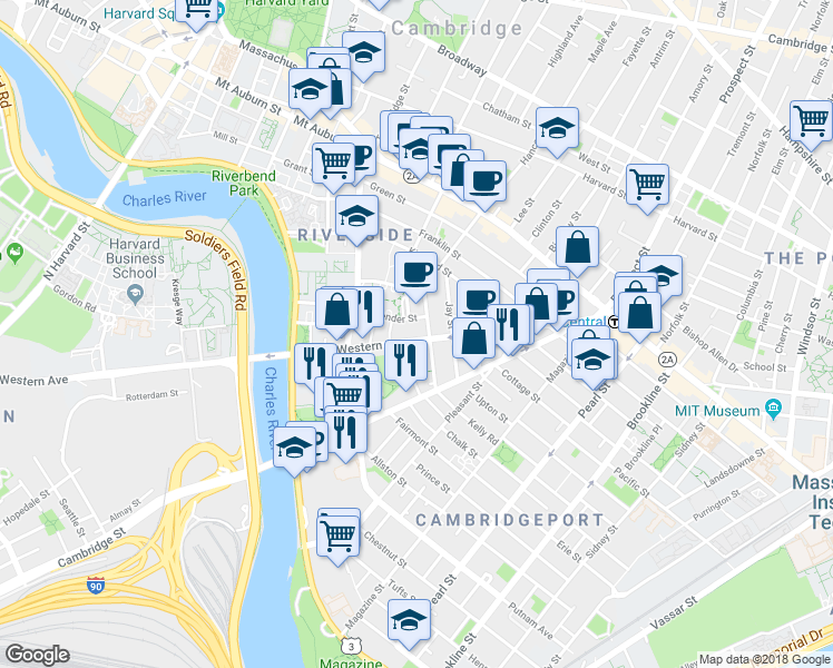 map of restaurants, bars, coffee shops, grocery stores, and more near 260 Western Avenue in Cambridge