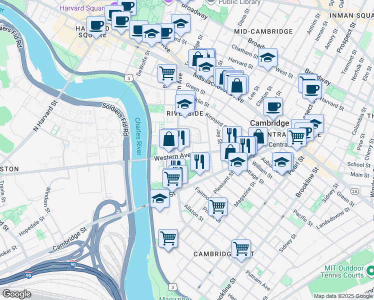 map of restaurants, bars, coffee shops, grocery stores, and more near 336 Western Avenue in Cambridge