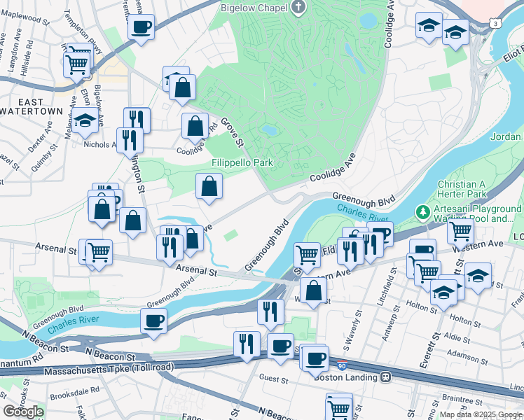 map of restaurants, bars, coffee shops, grocery stores, and more near 141 Coolidge Avenue in Watertown