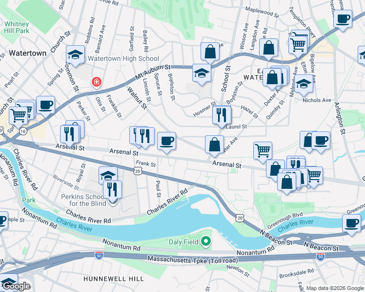 map of restaurants, bars, coffee shops, grocery stores, and more near 143 Walnut Street in Watertown
