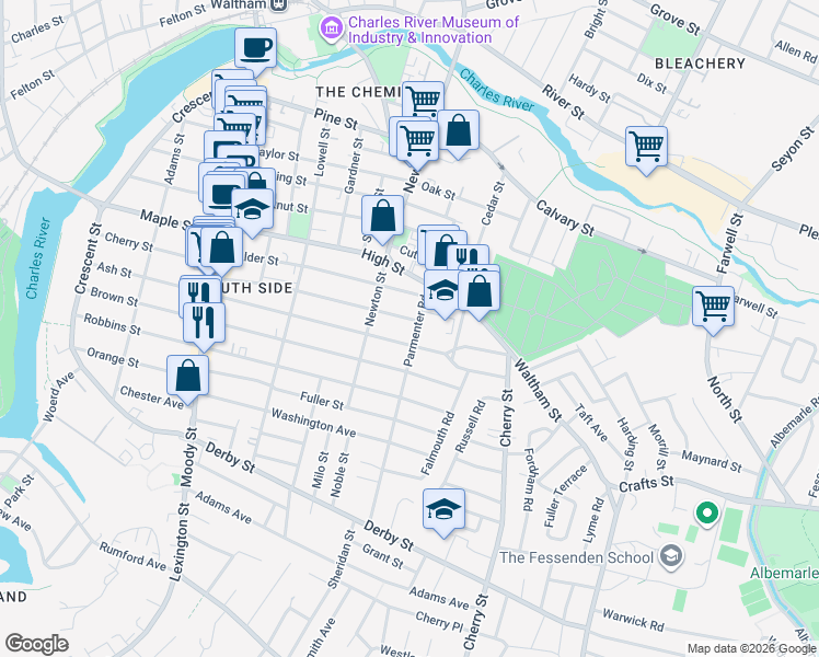 map of restaurants, bars, coffee shops, grocery stores, and more near 266 Ash Street in Waltham