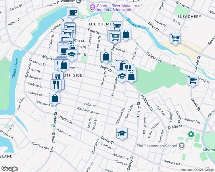 map of restaurants, bars, coffee shops, grocery stores, and more near 235 Ash Street in Waltham