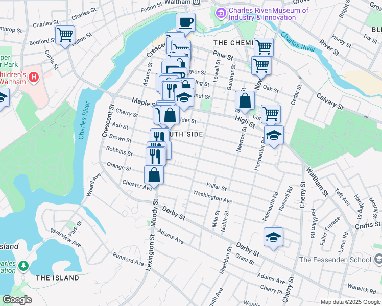 map of restaurants, bars, coffee shops, grocery stores, and more near 147-149 Brown Street in Waltham