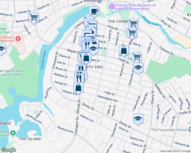 map of restaurants, bars, coffee shops, grocery stores, and more near 147-149 Brown Street in Waltham
