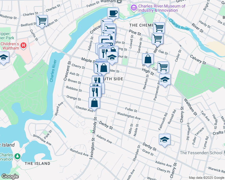map of restaurants, bars, coffee shops, grocery stores, and more near 147-149 Brown Street in Waltham