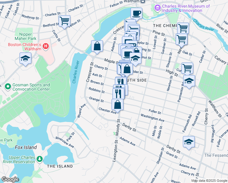 map of restaurants, bars, coffee shops, grocery stores, and more near 85 Robbins Street in Waltham