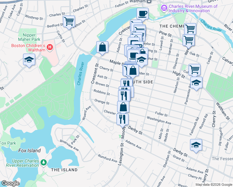 map of restaurants, bars, coffee shops, grocery stores, and more near 85 Robbins Street in Waltham