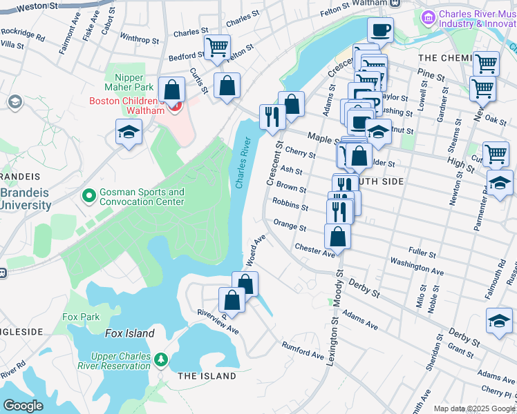 map of restaurants, bars, coffee shops, grocery stores, and more near 285 Crescent Street in Waltham
