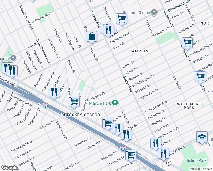 map of restaurants, bars, coffee shops, grocery stores, and more near 4057 Blaine Street in Detroit