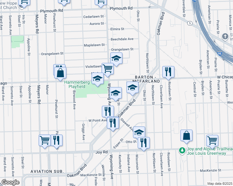 map of restaurants, bars, coffee shops, grocery stores, and more near 9325 Kentucky Street in Detroit