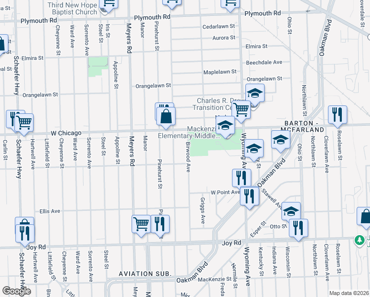 map of restaurants, bars, coffee shops, grocery stores, and more near 9339 Birwood Street in Detroit