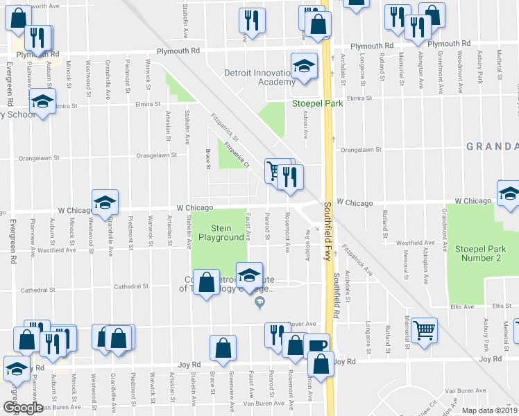 map of restaurants, bars, coffee shops, grocery stores, and more near 9390 Faust Avenue in Detroit