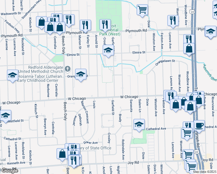 map of restaurants, bars, coffee shops, grocery stores, and more near 9559 Garfield in Redford Charter Township