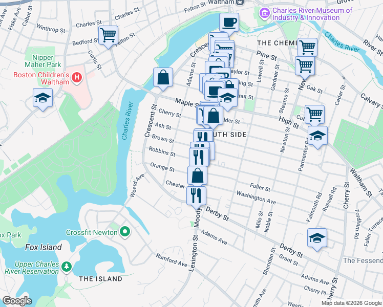 map of restaurants, bars, coffee shops, grocery stores, and more near 85 Robbins Street in Waltham