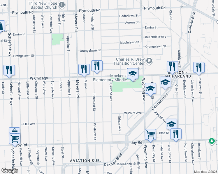 map of restaurants, bars, coffee shops, grocery stores, and more near 9339 Birwood Street in Detroit