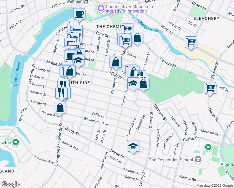 map of restaurants, bars, coffee shops, grocery stores, and more near 235 Ash Street in Waltham