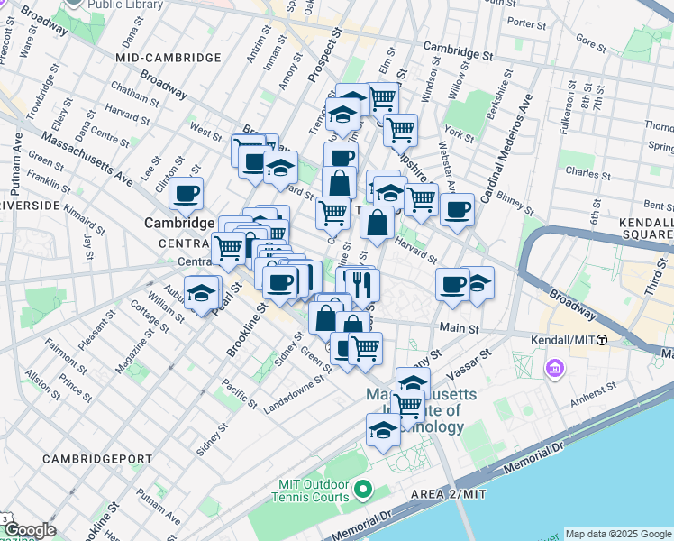 map of restaurants, bars, coffee shops, grocery stores, and more near 51 Pine Street in Cambridge