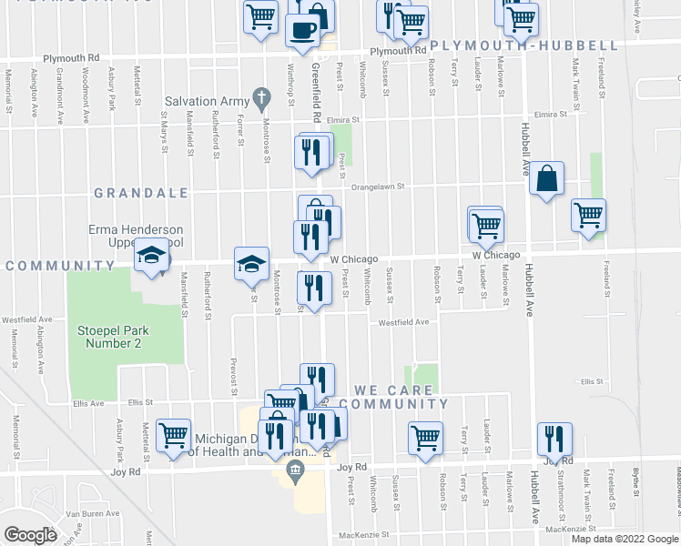 map of restaurants, bars, coffee shops, grocery stores, and more near 9395 Prest Street in Detroit