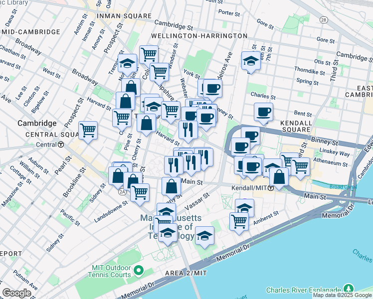 map of restaurants, bars, coffee shops, grocery stores, and more near 549 Technology Square in Cambridge