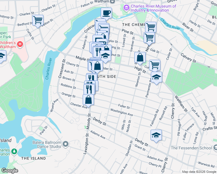 map of restaurants, bars, coffee shops, grocery stores, and more near 147-149 Brown Street in Waltham