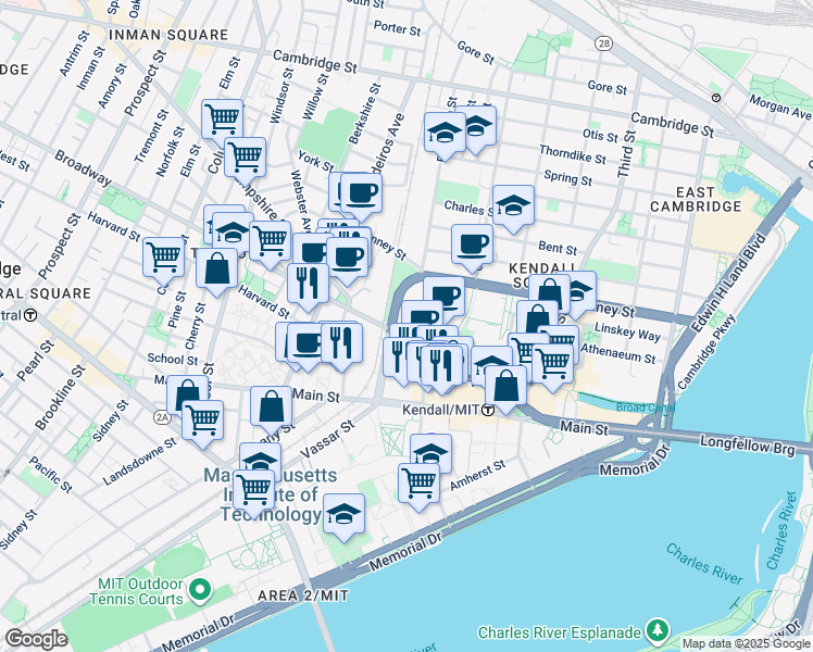 map of restaurants, bars, coffee shops, grocery stores, and more near 145 Broadway in Cambridge