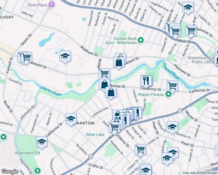 map of restaurants, bars, coffee shops, grocery stores, and more near 350 California Street in Newton