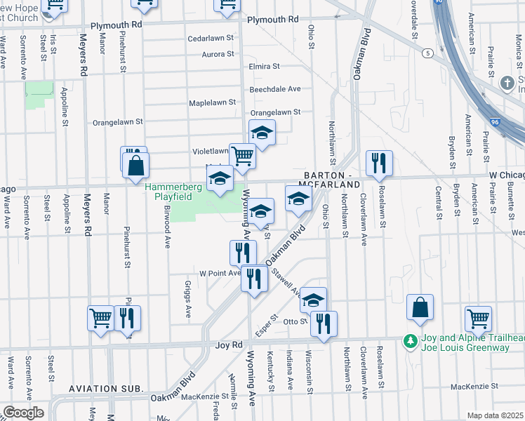 map of restaurants, bars, coffee shops, grocery stores, and more near 9325 Kentucky Street in Detroit