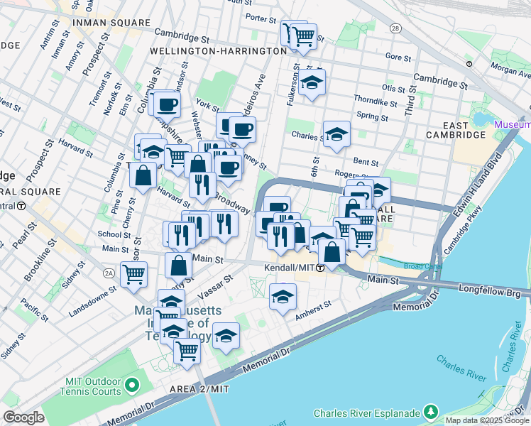 map of restaurants, bars, coffee shops, grocery stores, and more near 145 Broadway in Cambridge