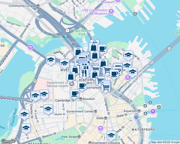 map of restaurants, bars, coffee shops, grocery stores, and more near 101 Canal Street in Boston