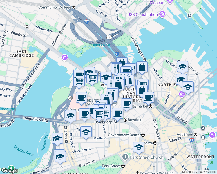 map of restaurants, bars, coffee shops, grocery stores, and more near in Boston