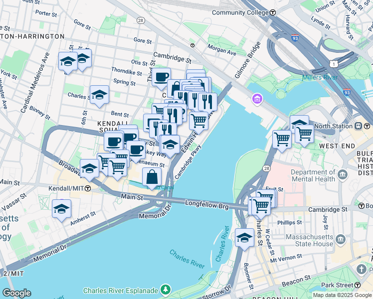 map of restaurants, bars, coffee shops, grocery stores, and more near 80 Edwin H Land Boulevard in Cambridge