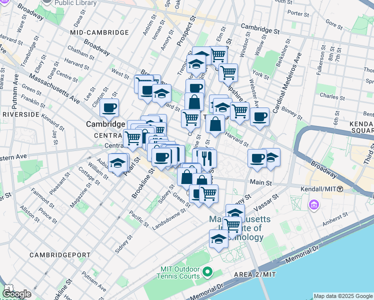 map of restaurants, bars, coffee shops, grocery stores, and more near 60 Columbia Street in Cambridge