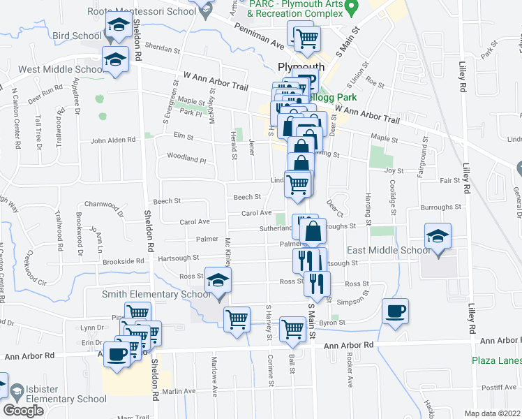 map of restaurants, bars, coffee shops, grocery stores, and more near 798 South Harvey Street in Plymouth