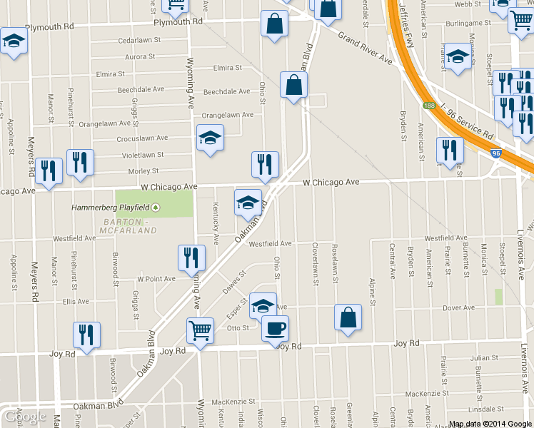 map of restaurants, bars, coffee shops, grocery stores, and more near 4801 Oakman Blvd in Detroit