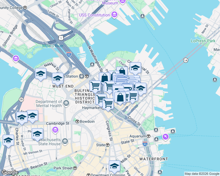 map of restaurants, bars, coffee shops, grocery stores, and more near 21 Cooper Street in Boston