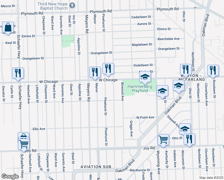 map of restaurants, bars, coffee shops, grocery stores, and more near 9337 Mendota Street in Detroit