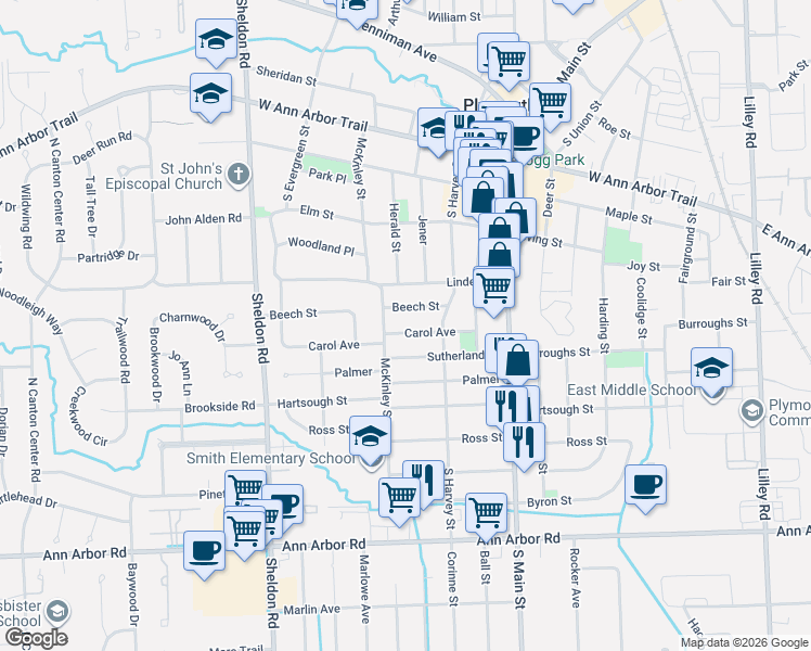 map of restaurants, bars, coffee shops, grocery stores, and more near 1105 Carol Avenue in Plymouth