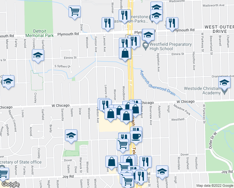 map of restaurants, bars, coffee shops, grocery stores, and more near 9560 Wormer in Redford Charter Township