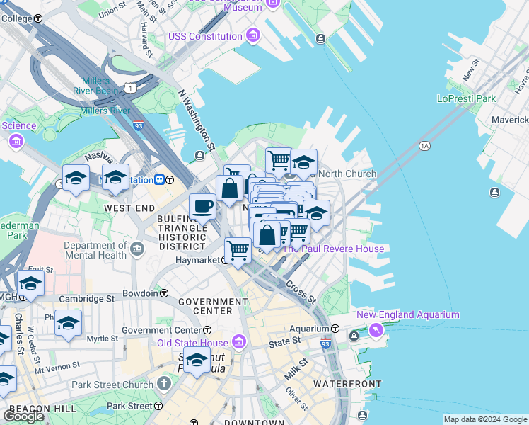 map of restaurants, bars, coffee shops, grocery stores, and more near 21 Cooper Street in Boston