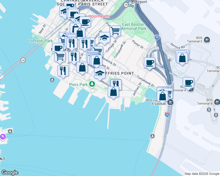 map of restaurants, bars, coffee shops, grocery stores, and more near 214 Marginal Street in Boston